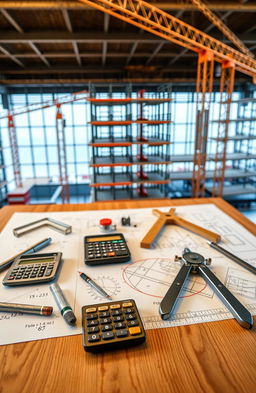 A visually engaging and educational representation of construction mathematics, featuring various mathematical tools such as a calculator, T-square, compass, and drafting templates arranged on a wooden architect's drawing table