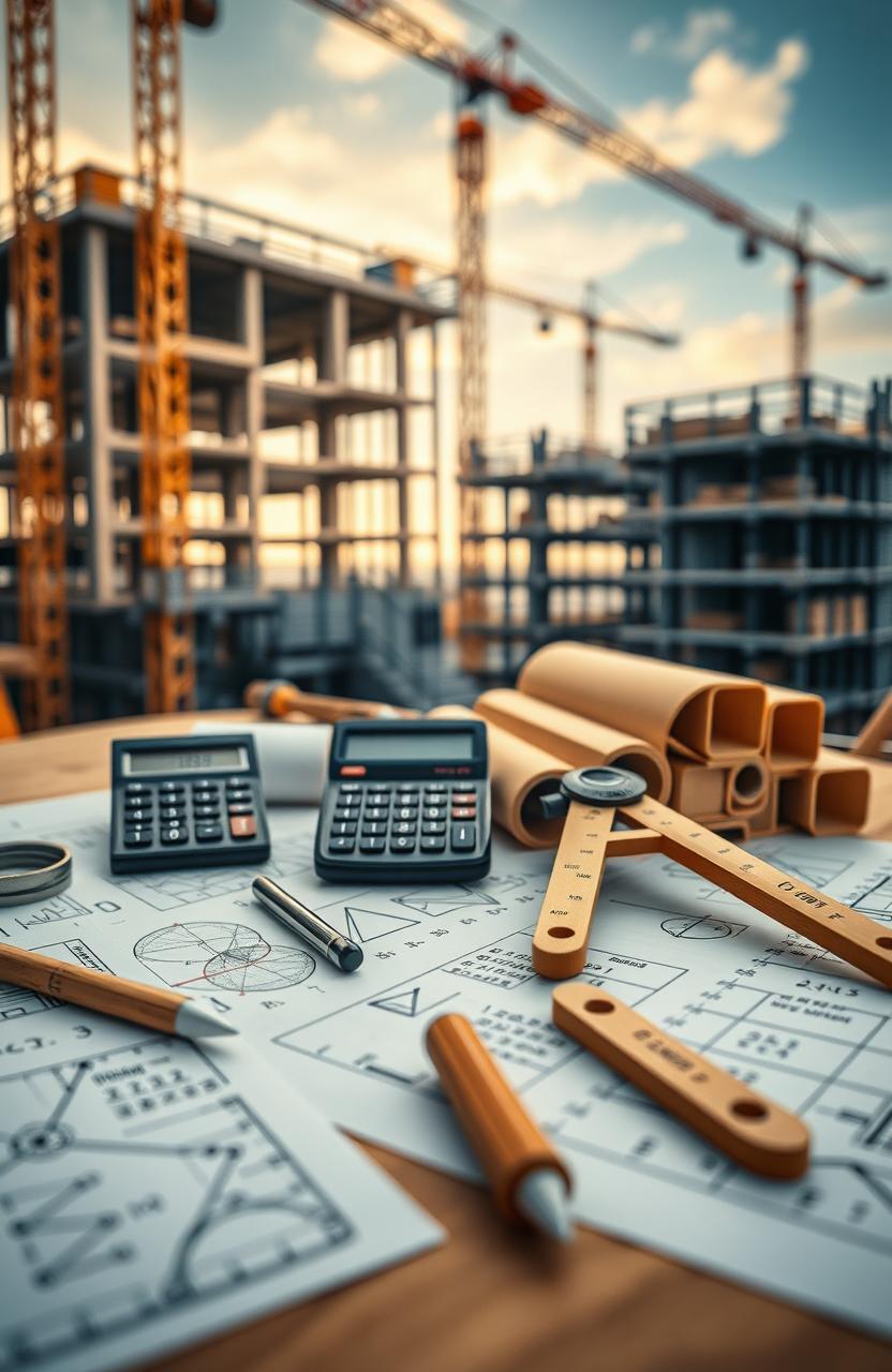 A visually engaging and educational representation of construction mathematics, featuring various mathematical tools such as a calculator, T-square, compass, and drafting templates arranged on a wooden architect's drawing table