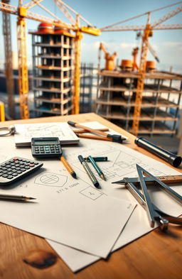 A visually engaging and educational representation of construction mathematics, featuring various mathematical tools such as a calculator, T-square, compass, and drafting templates arranged on a wooden architect's drawing table