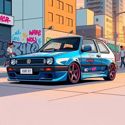 A vibrant, stylish illustration of a Volkswagen Golf MK3, showcasing its unique characteristics, parked in an urban environment