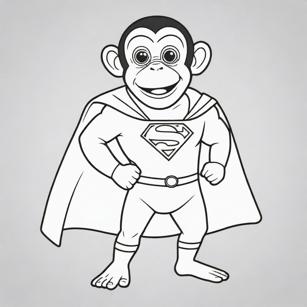 A fun, two-dimensional black and white outline of a monkey dressed as Superman for a colouring page.