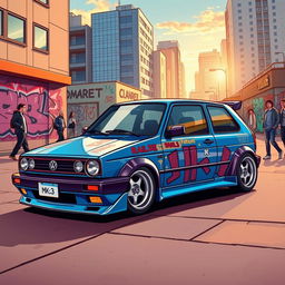 A vibrant, stylish illustration of a Volkswagen Golf MK3, showcasing its unique characteristics, parked in an urban environment