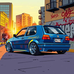 A vibrant, stylish illustration of a Volkswagen Golf MK3, showcasing its unique characteristics, parked in an urban environment