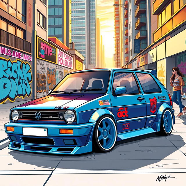 A vibrant, stylish illustration of a Volkswagen Golf MK3, showcasing its unique characteristics, parked in an urban environment