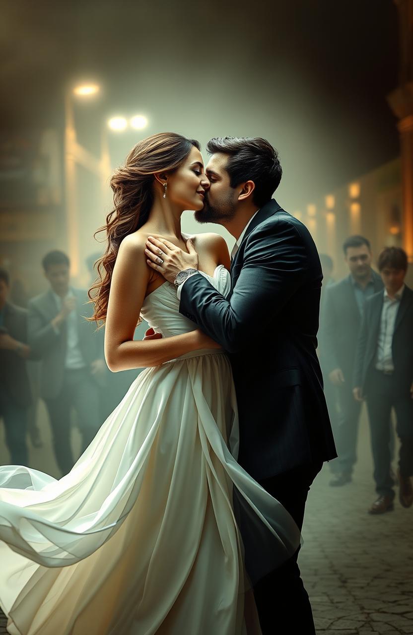 A handsome man gently kissing the neck of a beautiful woman wearing a flowing white dress