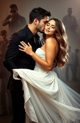 A handsome man gently kissing the neck of a beautiful woman wearing a flowing white dress