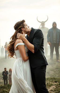 A handsome man gently kissing the neck of a beautiful woman wearing a flowing white dress