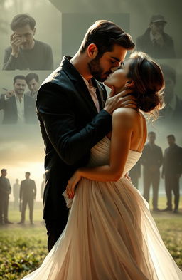 A handsome man gently kissing the neck of a beautiful woman wearing a flowing white dress