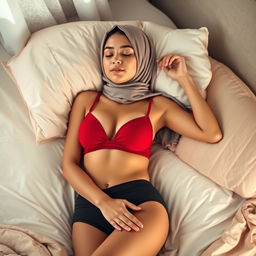 A serene scene featuring a beautiful woman in a hijab, sleeping peacefully in a cozy setting