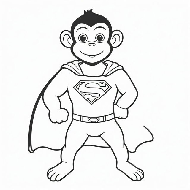 A fun, two-dimensional black and white outline of a monkey dressed as Superman for a colouring page.