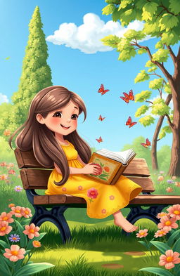 A charming cartoon scene featuring a young girl with long flowing hair, sitting on a cozy park bench surrounded by a lush green landscape