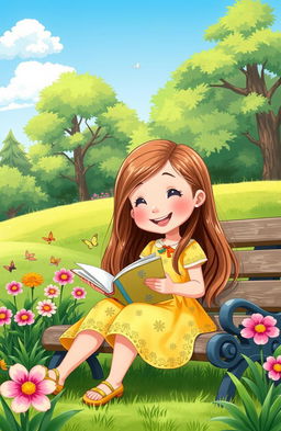 A charming cartoon scene featuring a young girl with long flowing hair, sitting on a cozy park bench surrounded by a lush green landscape