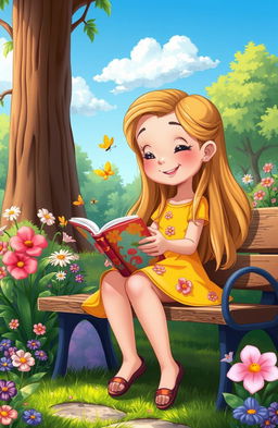 A charming cartoon scene featuring a young girl with long flowing hair, sitting on a cozy park bench surrounded by a lush green landscape