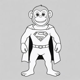 A fun, two-dimensional black and white outline of a monkey dressed as Superman for a colouring page.