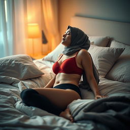 A peaceful and serene scene featuring a woman in a hijab, soundly asleep in an inviting bedroom