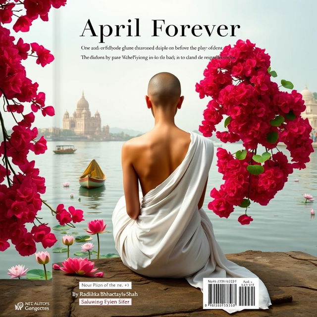 A realistic book cover back featuring a slender woman with a tonsured head and bare shoulders, dressed in a flowing white sari