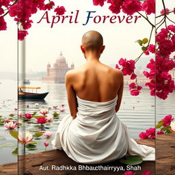 A realistic book cover back featuring a slender woman with a tonsured head and bare shoulders, dressed in a flowing white sari