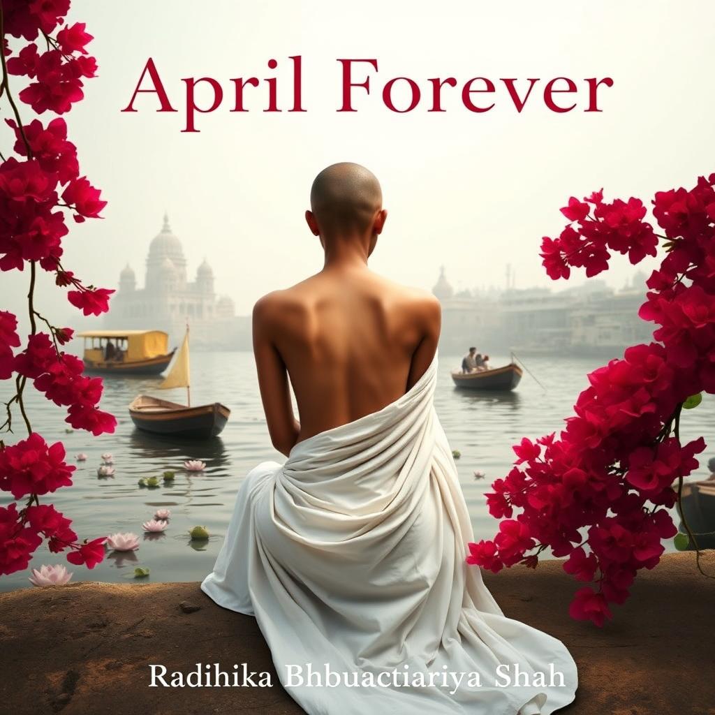 A realistic book cover back featuring a slender woman with a tonsured head and bare shoulders, dressed in a flowing white sari