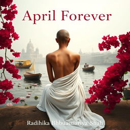 A realistic book cover back featuring a slender woman with a tonsured head and bare shoulders, dressed in a flowing white sari