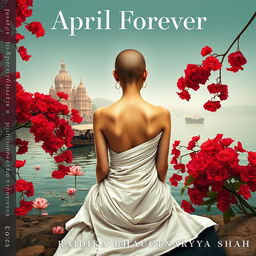 A realistic book cover back featuring a slender woman with a tonsured head and bare shoulders, dressed in a flowing white sari