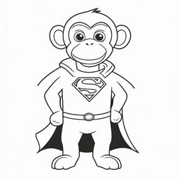 A fun, two-dimensional black and white outline of a monkey dressed as Superman for a colouring page.