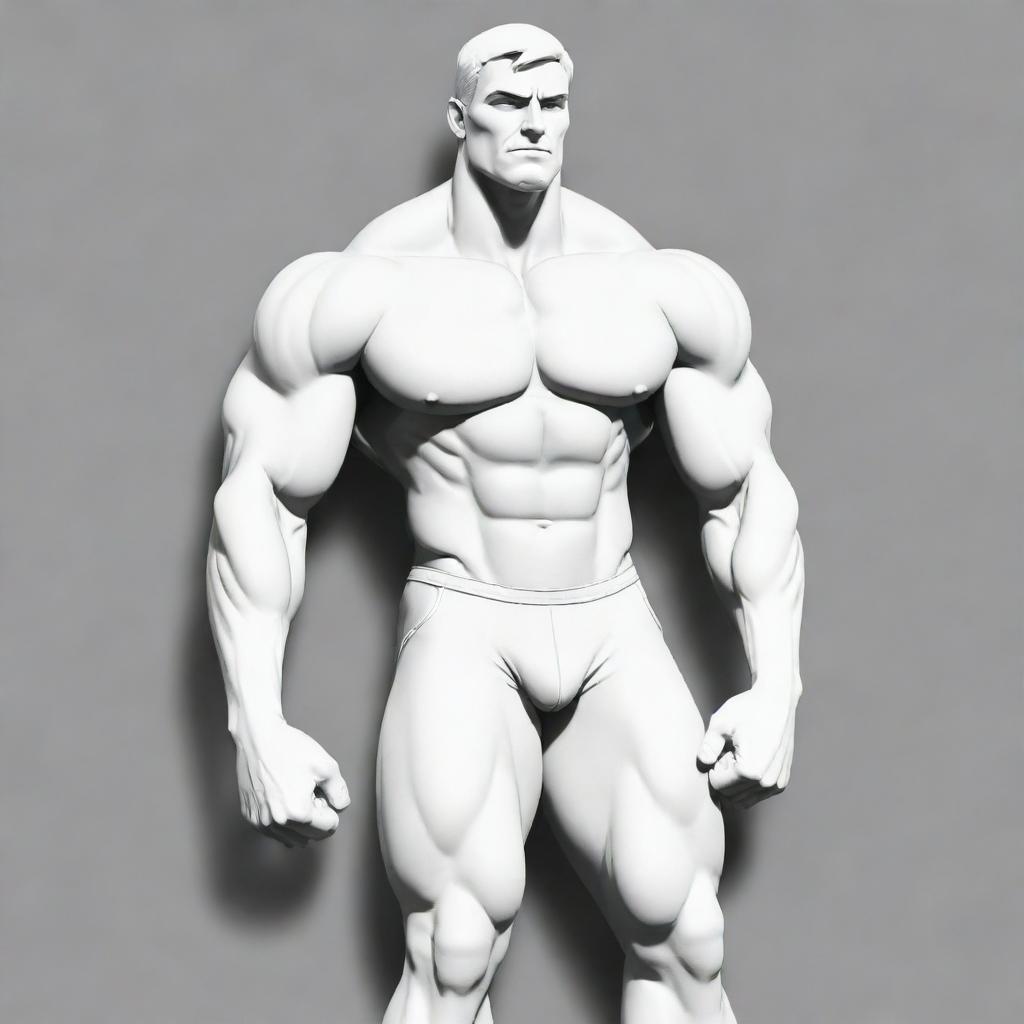 A cartoon depiction of a muscular man, presented in monochromatic white on a contrasting background.