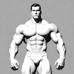 A cartoon depiction of a muscular man, presented in monochromatic white on a contrasting background.