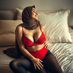 A captivating scene of a woman in a hijab, wearing a vibrant red bra and black panties, sharing a tender kiss while seated on a plush bed