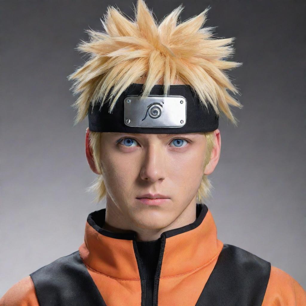 A realistic portrayal of Naruto Uzumaki as a live-action character. He's seen in his distinctive orange and black outfit, but with features that reflect a real person, exhibiting his blonde spiky hair, blue eyes with a look of determination.