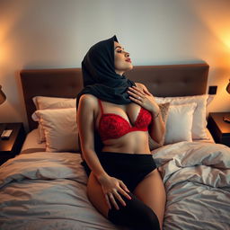 A romantic scene of a woman in a hijab, wearing a striking red bra and black panties, sharing a loving kiss on a beautifully made bed