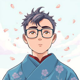 An anime-style illustration of a Shinto priest facing forward, wearing glasses and a vibrant sky blue robe adorned with delicate traditional motifs