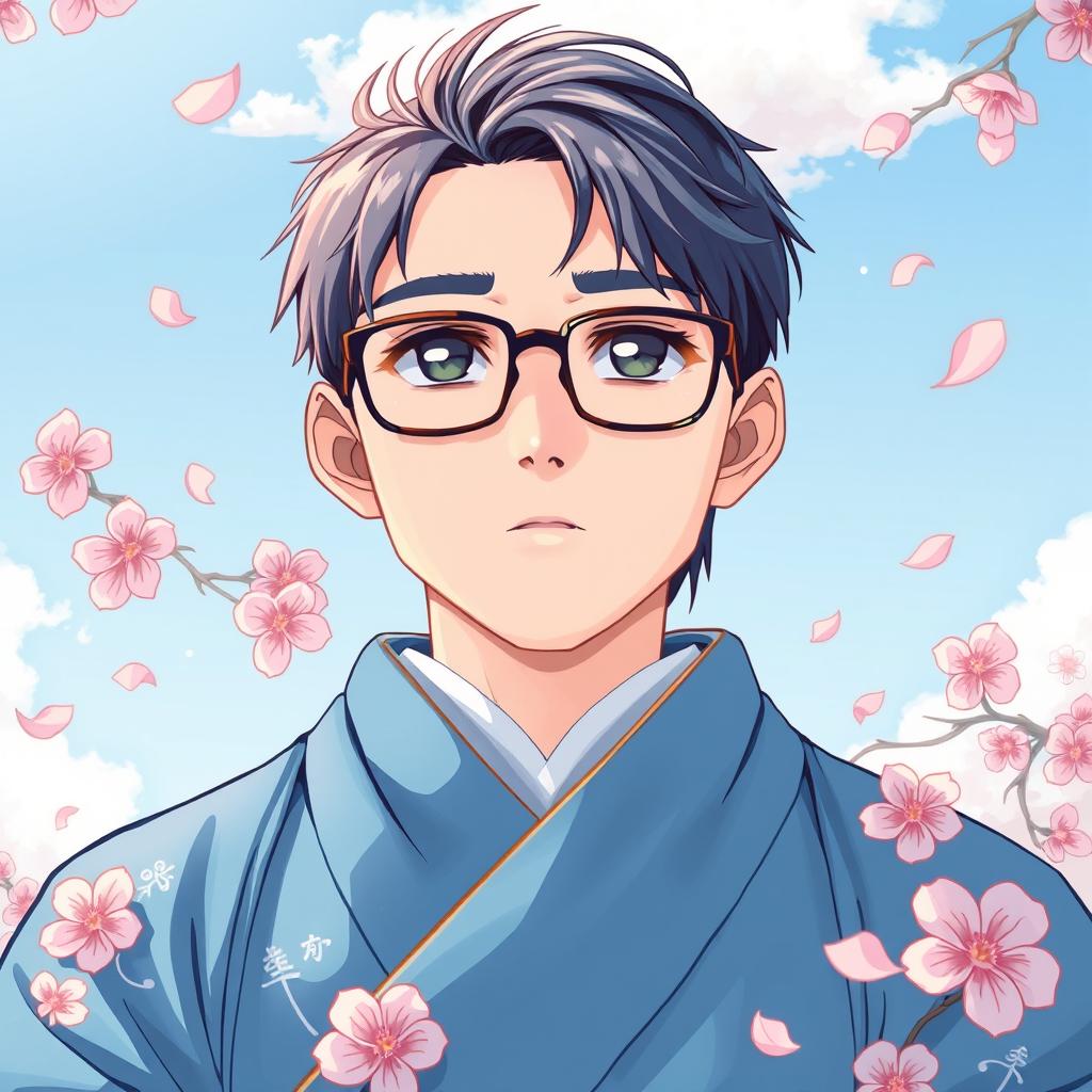 An anime-style illustration of a Shinto priest facing forward, wearing glasses and a vibrant sky blue robe adorned with delicate traditional motifs