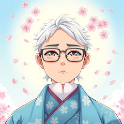 An anime-style illustration of a Shinto priest facing forward, wearing glasses and a vibrant sky blue robe adorned with delicate traditional motifs