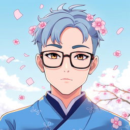 An anime-style illustration of a Shinto priest facing forward, wearing glasses and a vibrant sky blue robe adorned with delicate traditional motifs