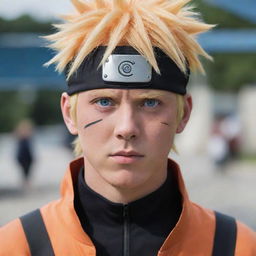 A realistic portrayal of Naruto Uzumaki as a live-action character. He's seen in his distinctive orange and black outfit, but with features that reflect a real person, exhibiting his blonde spiky hair, blue eyes with a look of determination.