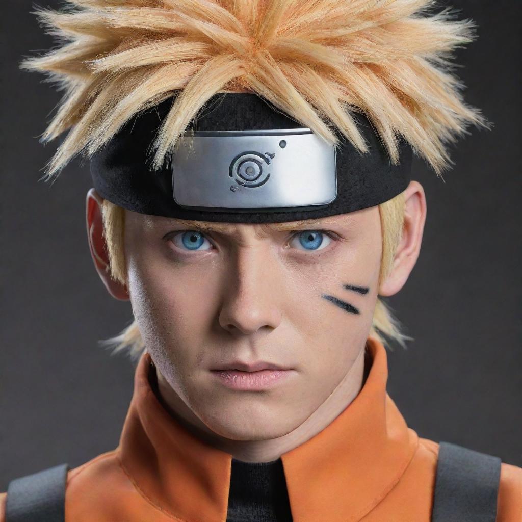 A realistic portrayal of Naruto Uzumaki as a live-action character. He's seen in his distinctive orange and black outfit, but with features that reflect a real person, exhibiting his blonde spiky hair, blue eyes with a look of determination.