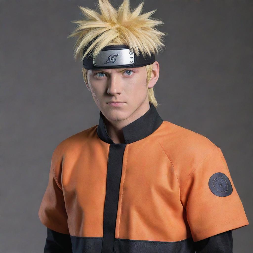 A realistic portrayal of Naruto Uzumaki as a live-action character. He's seen in his distinctive orange and black outfit, but with features that reflect a real person, exhibiting his blonde spiky hair, blue eyes with a look of determination.