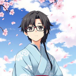 An anime-style illustration of a Shinto priest with black hair and glasses, wearing a beautifully elegant sky blue robe embellished with traditional patterns