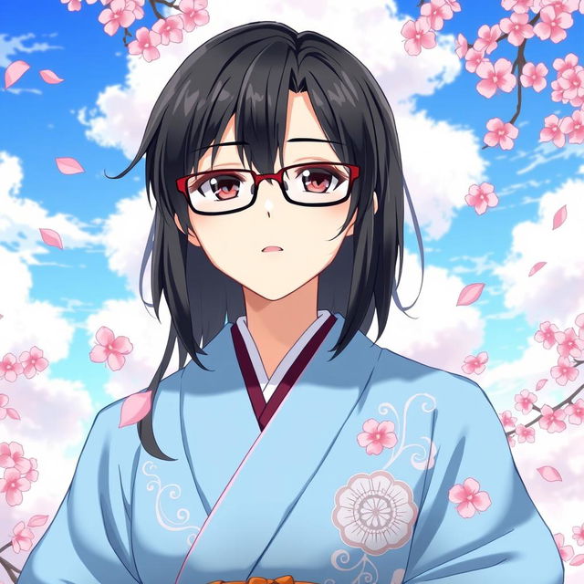 An anime-style illustration of a Shinto priest with black hair and glasses, wearing a beautifully elegant sky blue robe embellished with traditional patterns