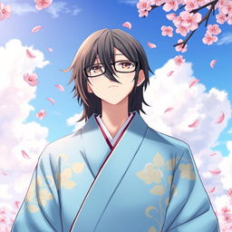 An anime-style illustration of a Shinto priest with black hair and glasses, wearing a beautifully elegant sky blue robe embellished with traditional patterns