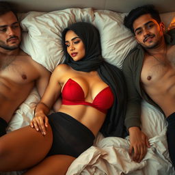 A beautiful woman in a hijab, gracefully lying down on a bed, wearing a stylish red bra and elegant black panties