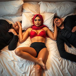 A beautiful woman in a hijab, gracefully lying down on a bed, wearing a stylish red bra and elegant black panties