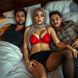 A beautiful woman in a hijab, gracefully lying down on a bed, wearing a stylish red bra and elegant black panties