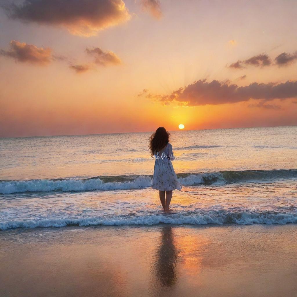 A vivid sunset at the seashore with the name 'Abeer' drawn in the clouds. Below, a girl stands, her gaze fixed on the celestial signature.