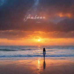 A vivid sunset at the seashore with the name 'Abeer' drawn in the clouds. Below, a girl stands, her gaze fixed on the celestial signature.