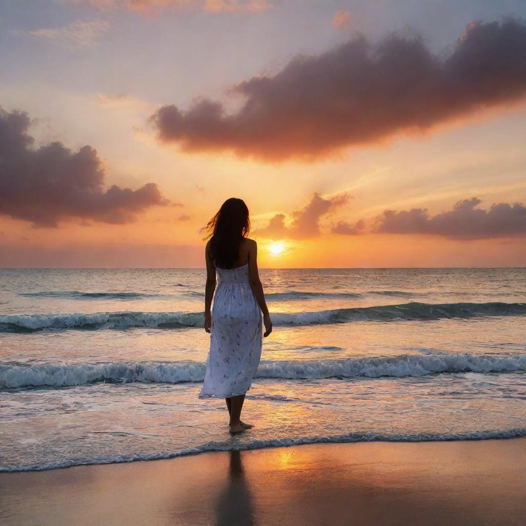 A vivid sunset at the seashore with the name 'Abeer' drawn in the clouds. Below, a girl stands, her gaze fixed on the celestial signature.