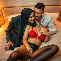 A beautiful woman in a hijab, elegantly lying down on a plush bed, wearing a striking red bra and chic black panties