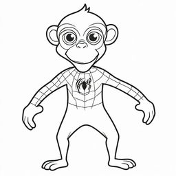 An amusing, two-dimensional black and white outline of a monkey dressed as Spiderman for a colouring page.