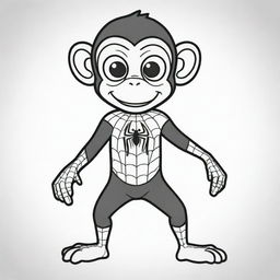 An amusing, two-dimensional black and white outline of a monkey dressed as Spiderman for a colouring page.