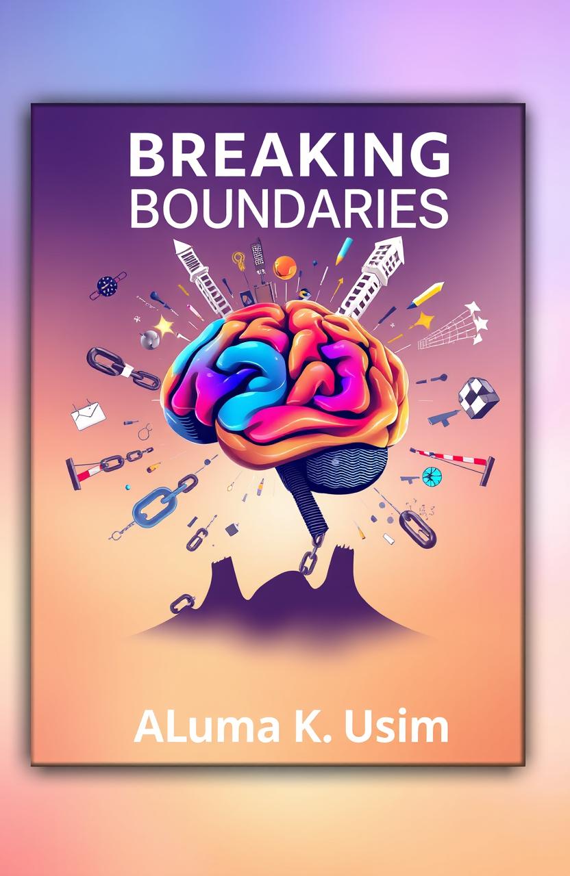 A visually captivating ebook cover titled "Breaking Boundaries" by Aluma K Usim, illustrating the concept of the human brain overcoming obstacles